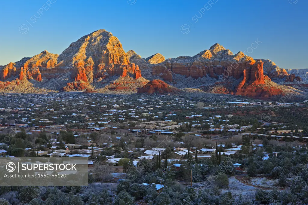 City of Sedona in winter after fresh snowfall, Arizona, USA