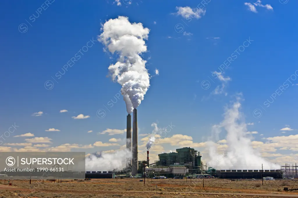 Coal_fired Cholla Power Plant with smoking smokestacks, Arizona, USA