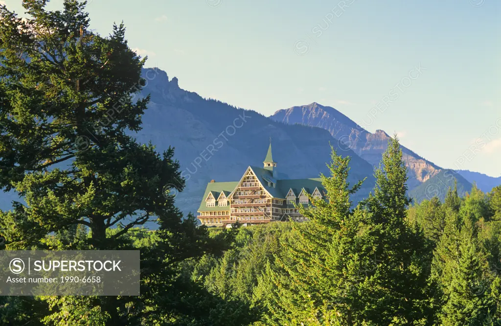 Historic Prince of Wales Hotel located above Waterton Lake in Waterton Lakes National Park, Alberta, Canada