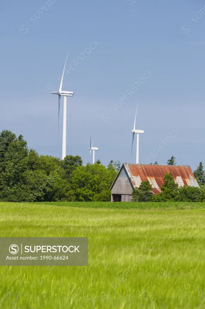 Wooden barn and wind turbines, O´ Leary, Prince Edward Island, Canada