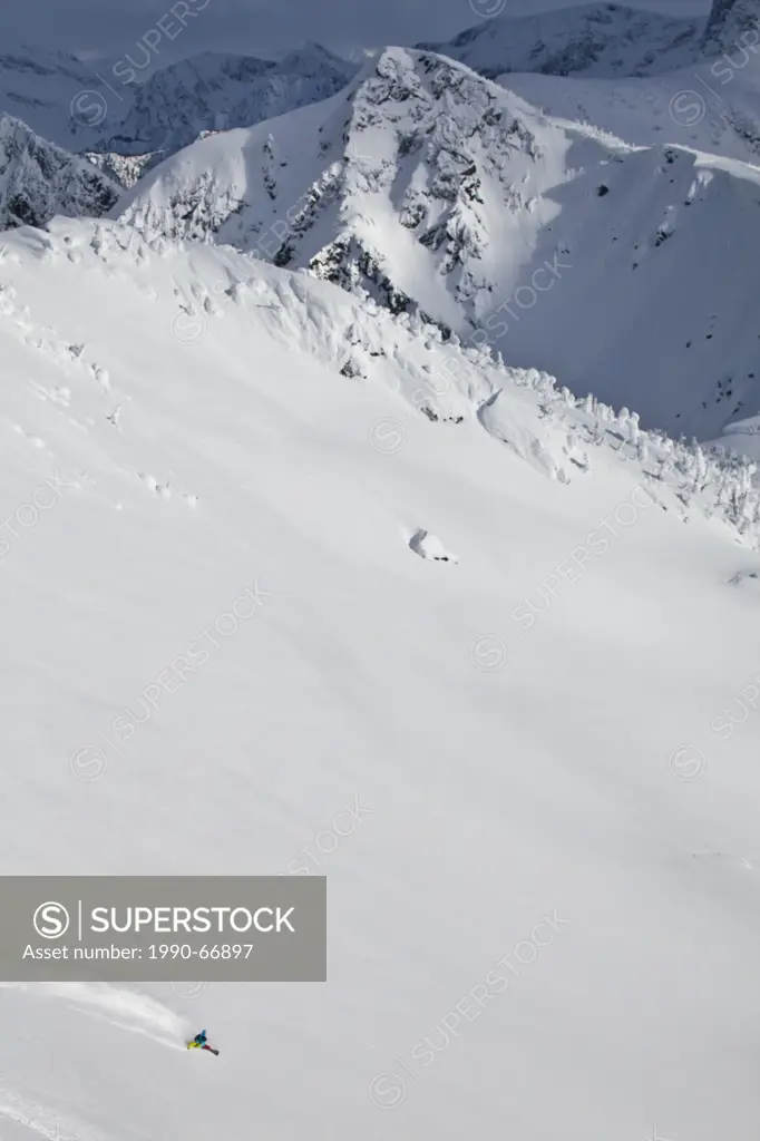 A male backcountry snowboarder sprays a turn. Revelstoke Mountain Resort Backcountry, Revelstoke, BC