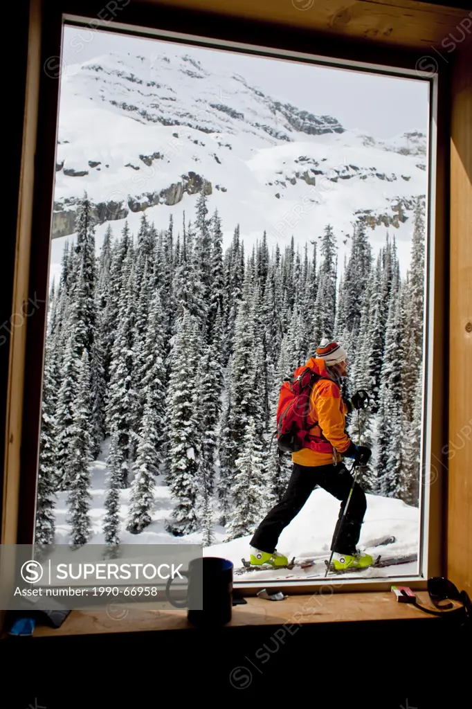 A male backcountry skier heading out for an early morning ski tour. Icefall Lodge, Golden, BC