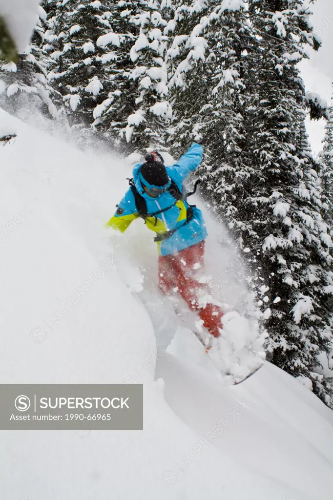 A man drops his splitboard off a pillow while touring at Icefall Lodge, Golden, BC