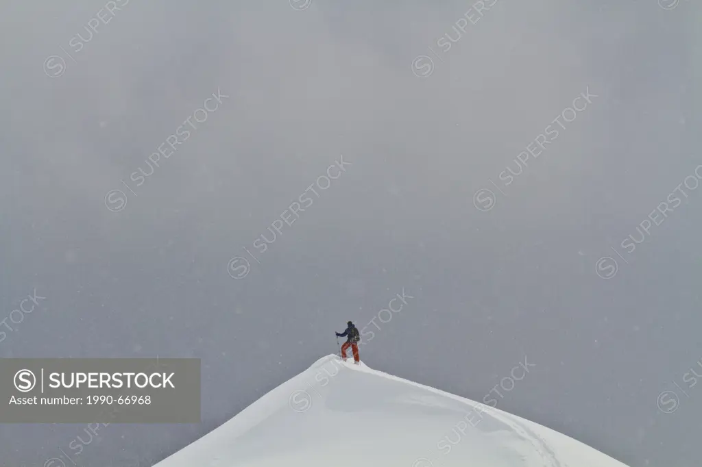 A male splitboarder touring in alpine around Icefall Lodge, Golden, BC
