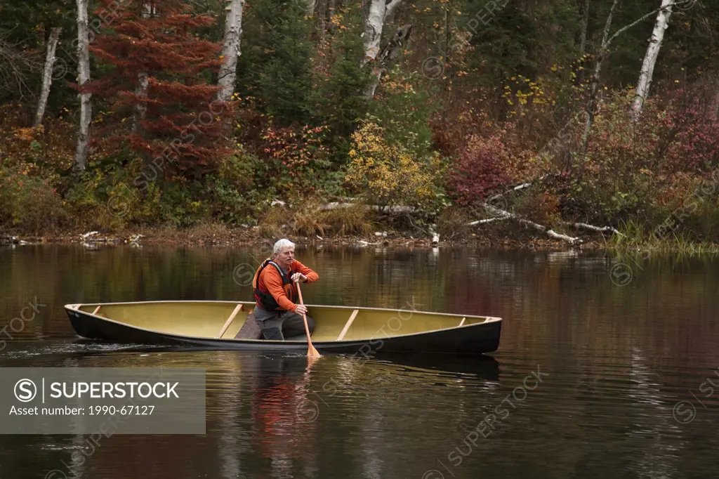 Elderly man paddling canoe in serene setting on Oxtongue Lake, Muskoka, Ontario, Canada.