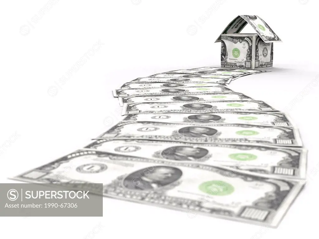 Money path leading to a house made of thousand dollar bills isolated on white background. Business career, investment, mortgage and housing concept.