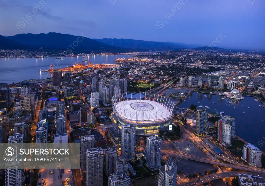 Aireal view of B.C. Place Stadium at twilight.