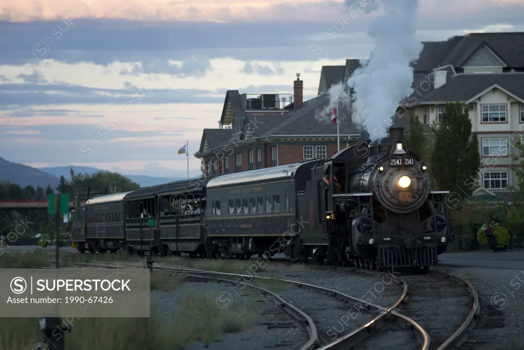 KHR 2141 _ The Spirit of Kamloops steam locomotive departs the station in Kamloops, BC, Canada.
