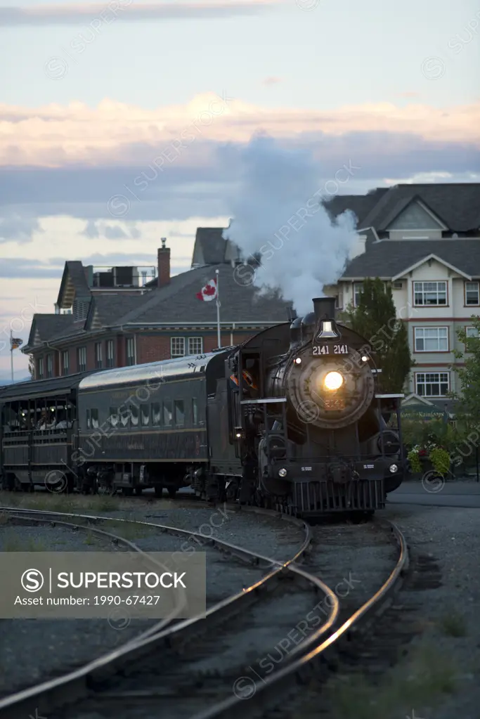 KHR 2141 _ The Spirit of Kamloops steam locomotive departs the station in Kamloops, BC, Canada.
