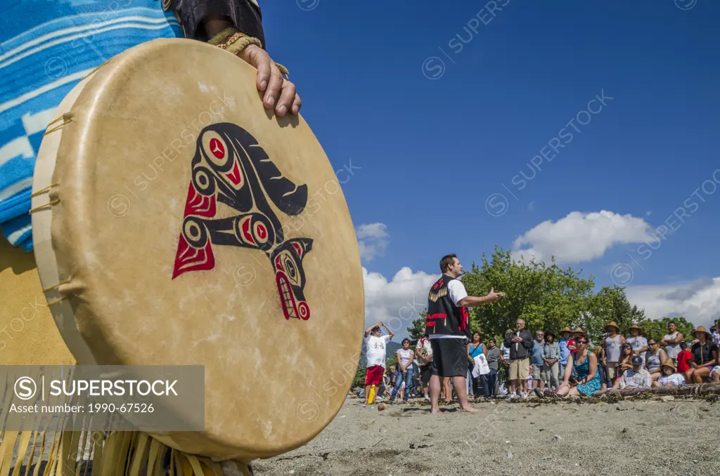 Chief Justin George of Tsleil_Waututh Nation at commencement of Many People, One Canoe. Salish First Nations, Gathering of Canoes to Protect the Salis...