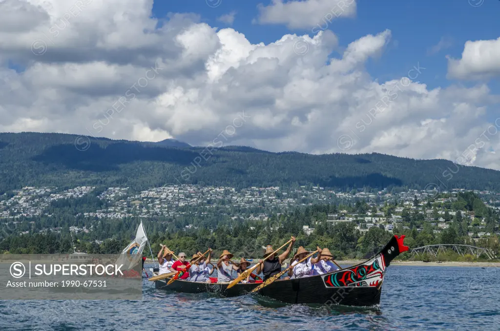 Salish First Nations canoes during Many People, One Canoe. Salish First Nations, Gathering of Canoes to Protect the Salish Sea, North Vancouver, Briti...