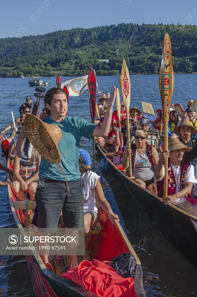 Welcoming at Whey_ah_Wichen Cates Park N. Vancouver, BC, Canada. Many People, One Canoe. Salish First Nations, Gathering of Canoes to Protect the Sali...