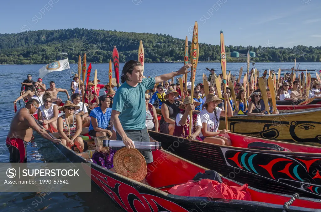 Welcoming at Whey_ah_Wichen Cates Park N. Vancouver, BC, Canada. Many People, One Canoe. Salish First Nations, Gathering of Canoes to Protect the Sali...