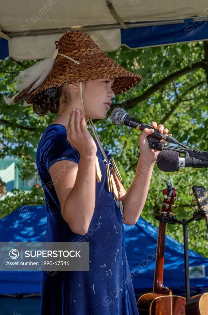 Young singer and acivist, TaKaiya Blaney, 11, from the Sliammon First Nation speaks and sings at the Salish Sea Festival, Sept 2, 2012, Waterfront Pa...