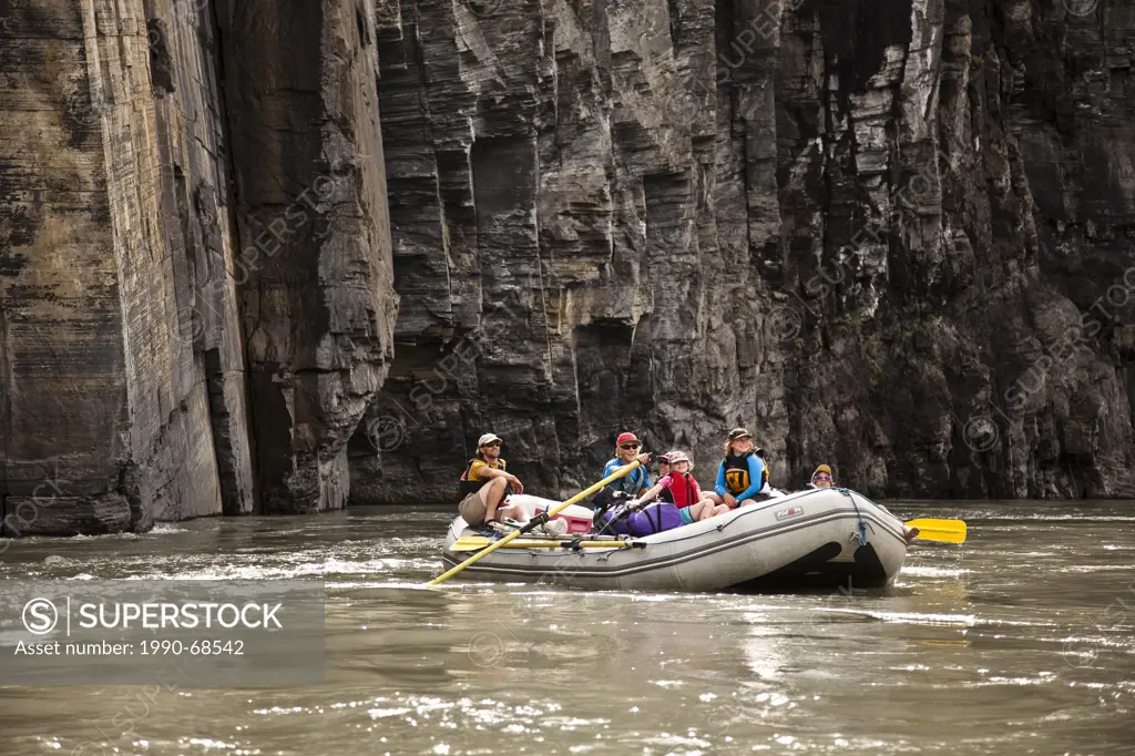 Raft in Second Canyon on Nahanni River, Nahanni National Park Preserve, NWT, Canada.