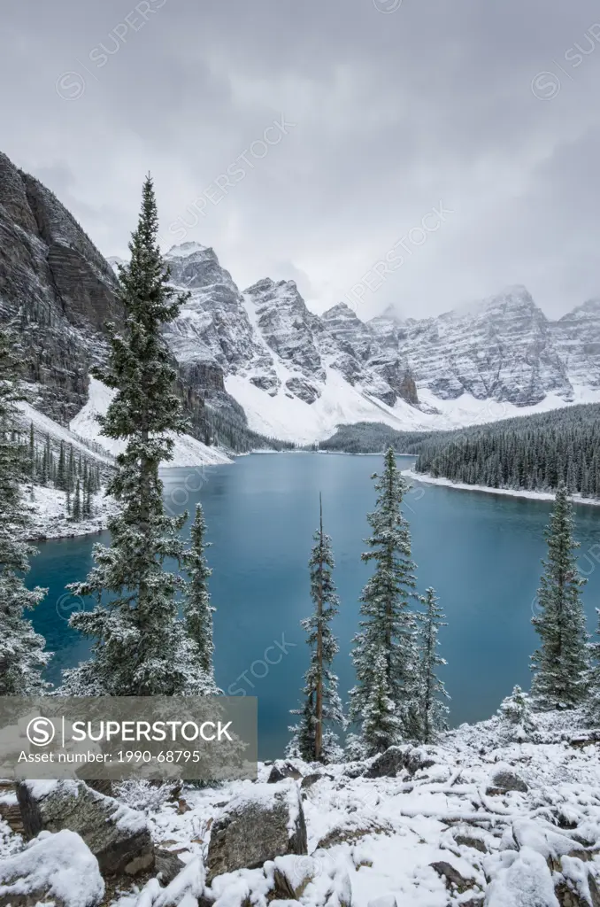 Moraine Lake and the Valley of the Ten Peaks after a snow storm. Banff National Park, Alberta, Canada.