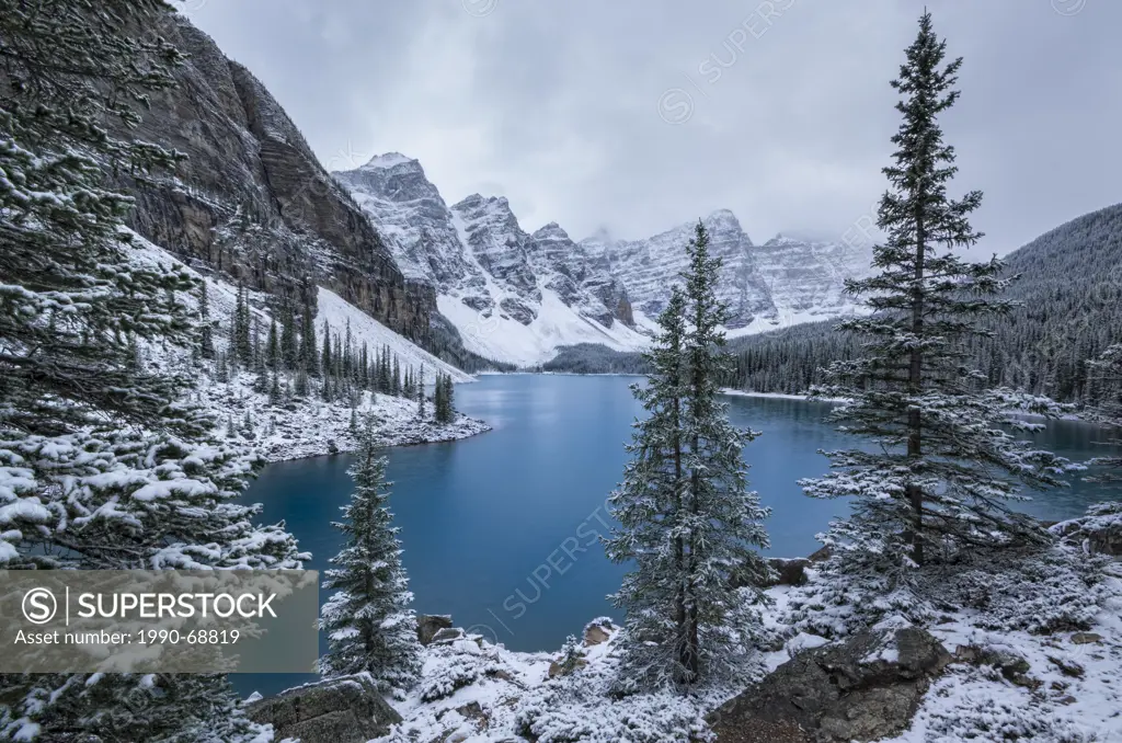 Moraine Lake and the Valley of the Ten Peaks after a snow storm. Banff National Park, Alberta, Canada