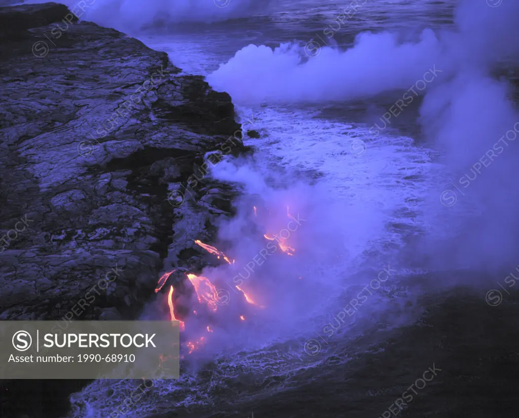 Lava Flowing Into Ocean at Volcanoes National Park, Hawaii