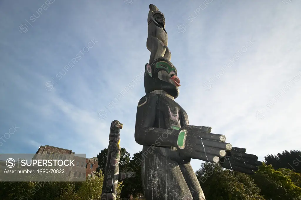 Beautiful examples of totem poles, Cormorant Island in the village of Alert Bay, Alert Bay, British Columbia, Canada