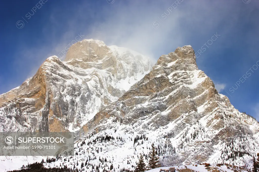 View of Mount Kidd in winter from Ribbon Creek, Kananaskis Provincial Park, Alberta, Canada