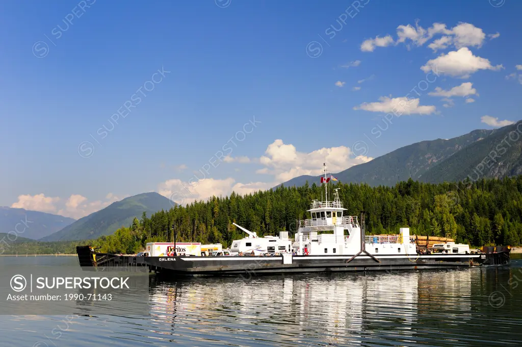 The ferry, D.E.V. Galena, leaves Galena Bay on Upper Arrow Lake on route to Shelter Bay, BC.