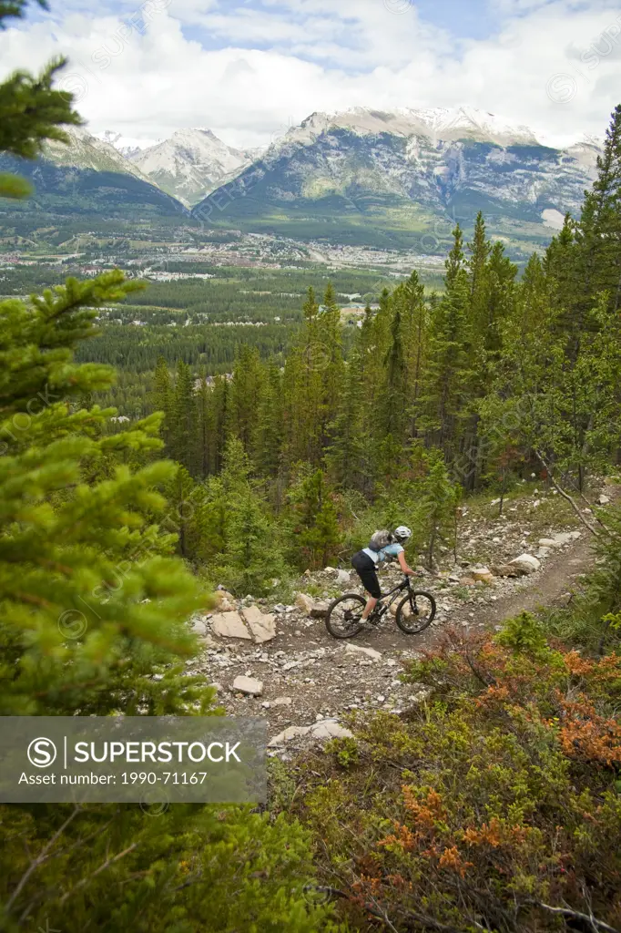 A female mountain biker riding the Highline trail in Canmore, AB