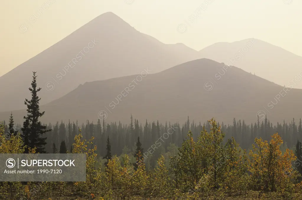 Forest fire haze, Ogilvie Mountains along Dempster Highway, Yukon Territory, Canada