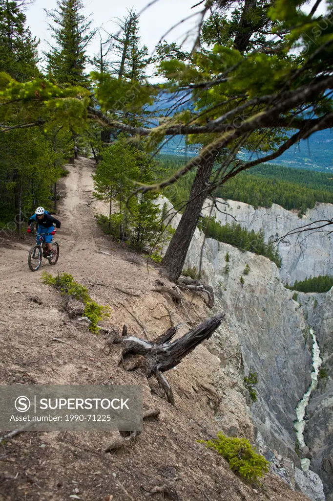A young male mountain biker riding the Moonraker cross country trail system near Golden, BC