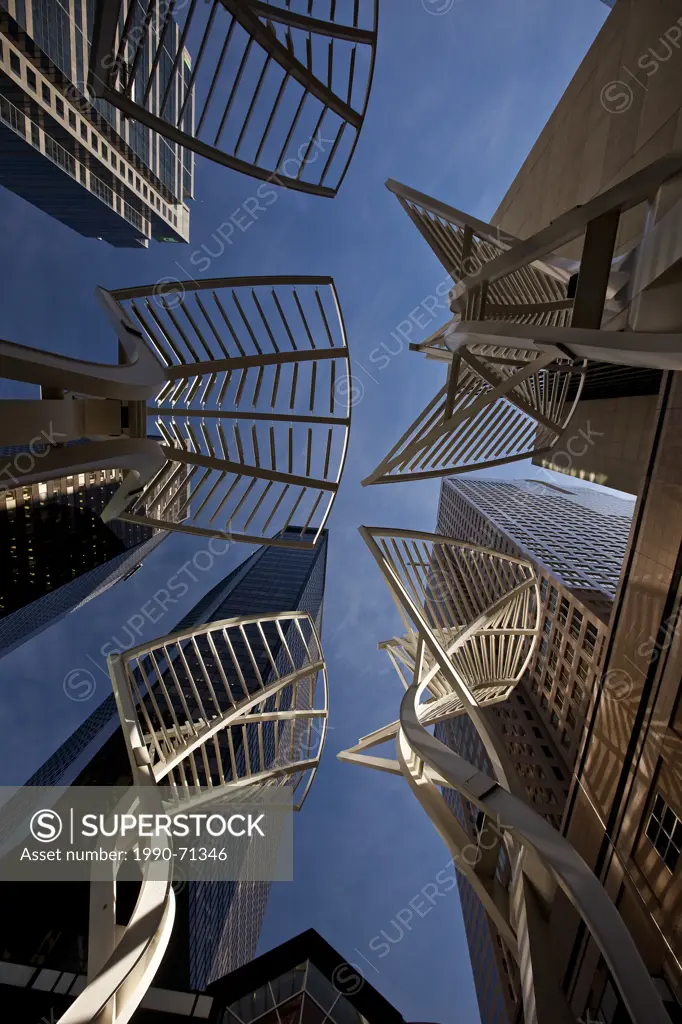 The steel ´Trees´ sculpture designed to reduce wind gusts between the buildings on Stephen Avenue, downtown Calgary, Alberta, Canada