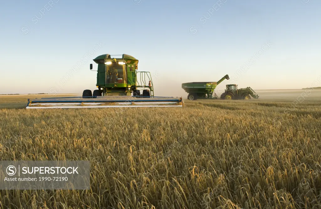 Combine using a stripper header harvests barley, near Ponteix, Saskatchewan, Canada (grain wagon in the background)