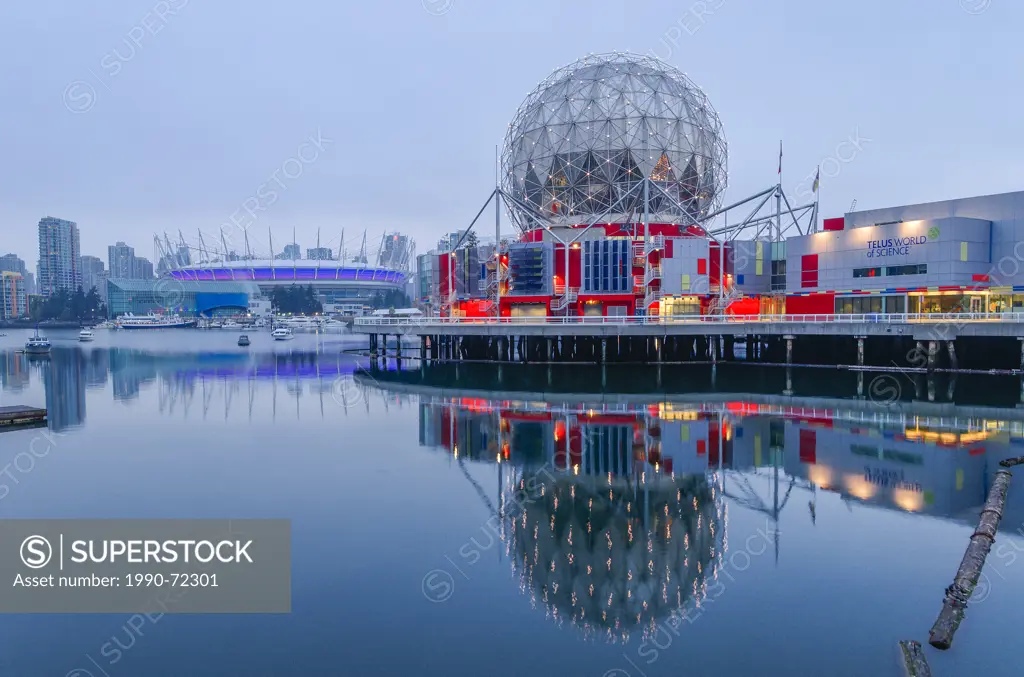 Telus World of Science with B.C. Place stadium in the background, False Creek, Vancouver, British Columbia, Canada