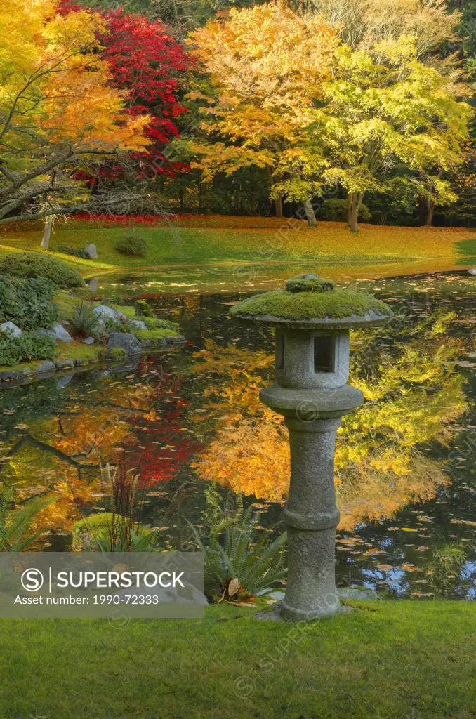 Stone lantern and pond, Nitobe Memorial Garden, a traditional Japanese garden, University of British Columbia, Vancouver, British Columbia, Canada