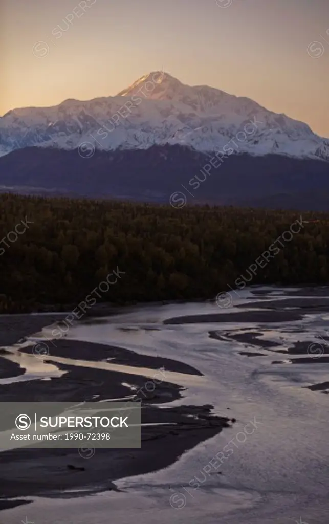 Denali (Mount McKinley and Chulitna River at sunset, Denali State Park, Alaska, United States of America.