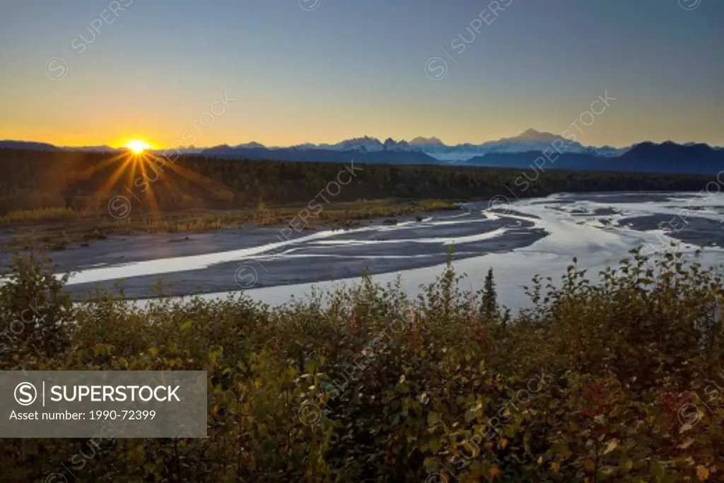 Denali (Mount McKinley and Chulitna River at sunset, Denali State Park, Alaska, United States of America.