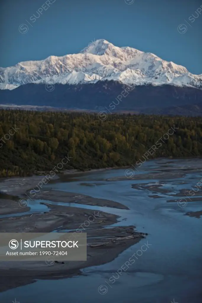Denali (Mount McKinley) and Chulitne River at dawn, Denali State Park, Alaska, United States of America.