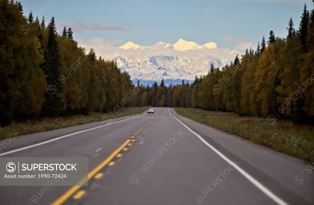 Snowy Peaks of Denali National Park seen from George Parks Highway, Trapper Creek area, Alaska, United States of America.