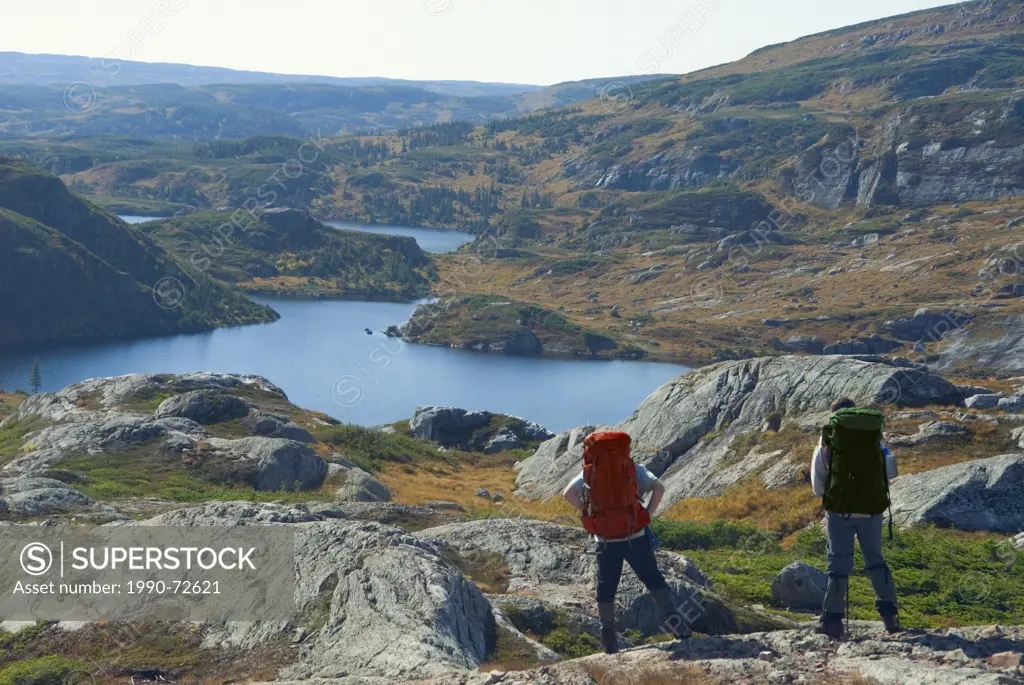 Two hikers, Long Range Traverse, Gros Morne National Park, Newfoundland, Newfoundland and Labrador, Canada