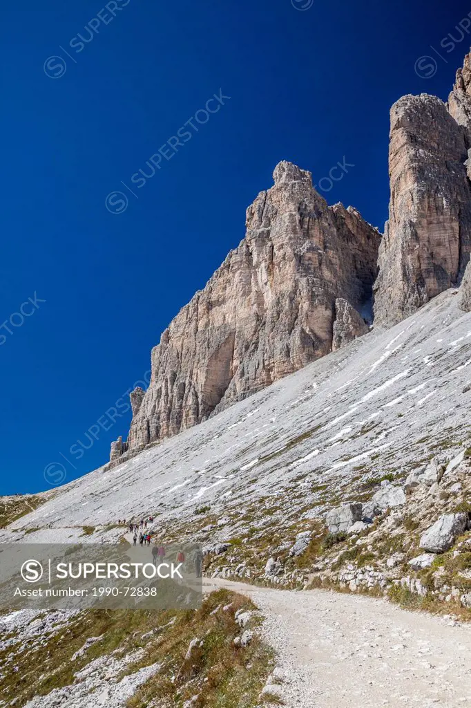 A hiking trail in the Tre Cime di Lavaredo region of the Dolomite mountains in northern Italy.