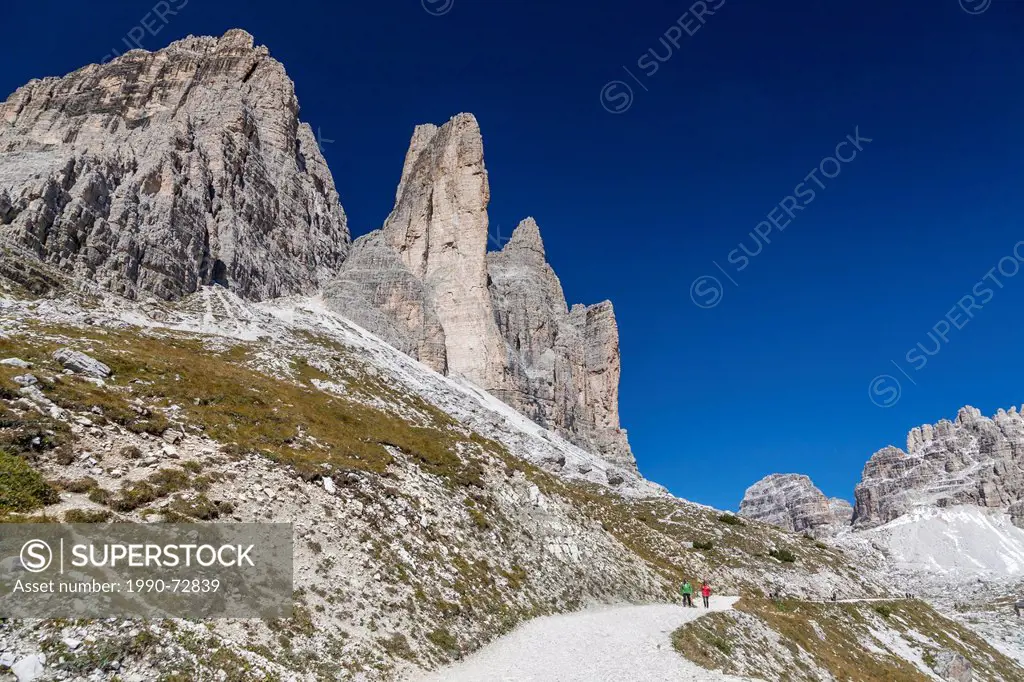 A hiking trail in the Tre Cime di Lavaredo region of the Dolomite mountains in northern Italy.
