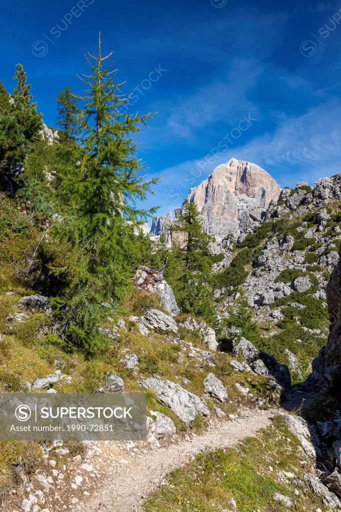 An alpine hiking trail in the Dolomite mountains in northern Italy.