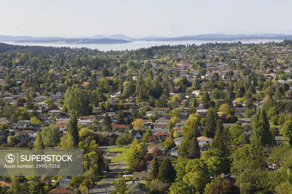 View across residential areas from Mt  Tolmie, Victoria, Vancouver Island, Britsh Columbia, Canada