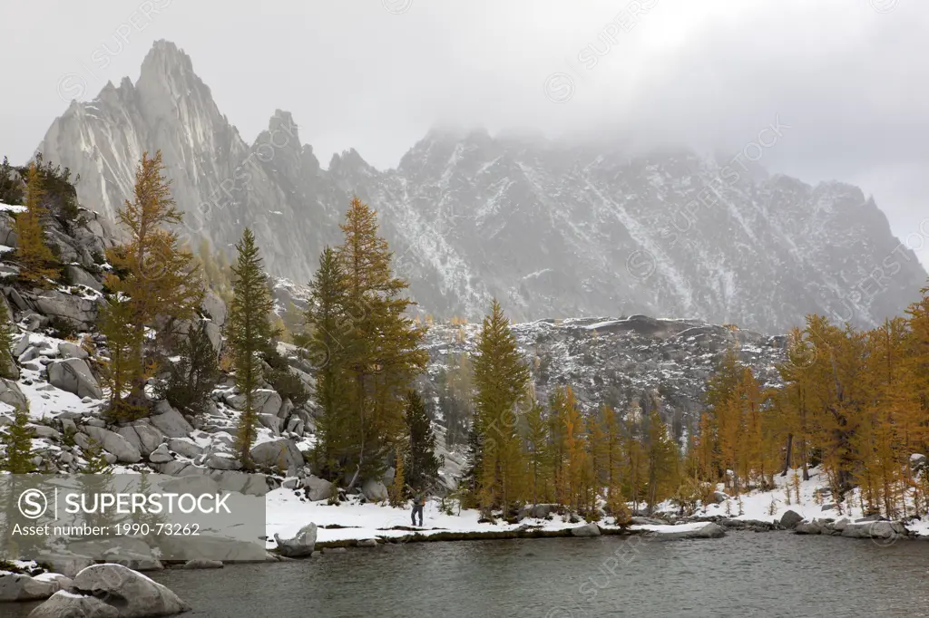 Hiker, larches and Prusik Peak from Sprite Lake, Enchantments Basin, Alpine Lakes Wilderness, Washington State, United States of America