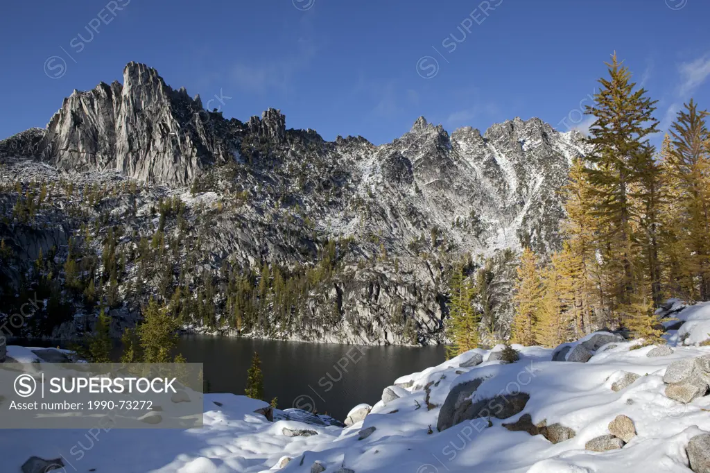 Lake Viviane, Golden Larches and Prusik Peak, Enchantments, Alpine Lakes Wilderness, Washington State, United States of America