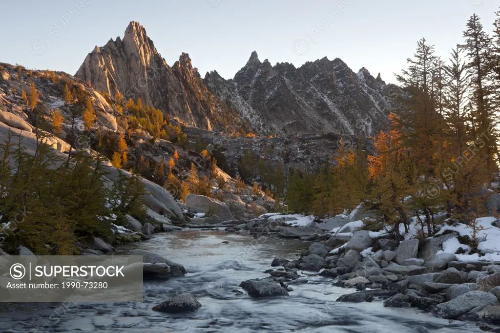 Prusik Peak from Outflow of Sprite Lake at Sunrise, Enchantments Basin, Alpine Lakes Wilderness, Washington State, United States of America