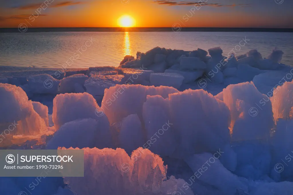 Ice on Lake Winnipeg in spring at sunrise, Winnipeg Beach, Manitoba, Canada