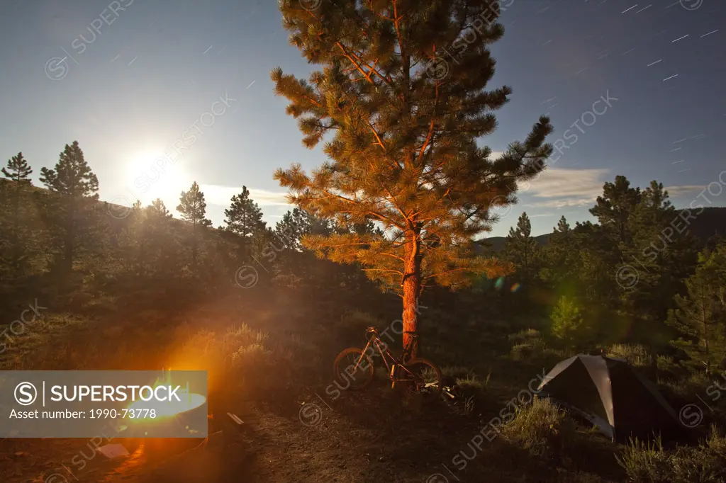 A male mountain biker camping out while on a road trip - getting ready to ride the Monarch Crest Trail the next day, Salida, CO