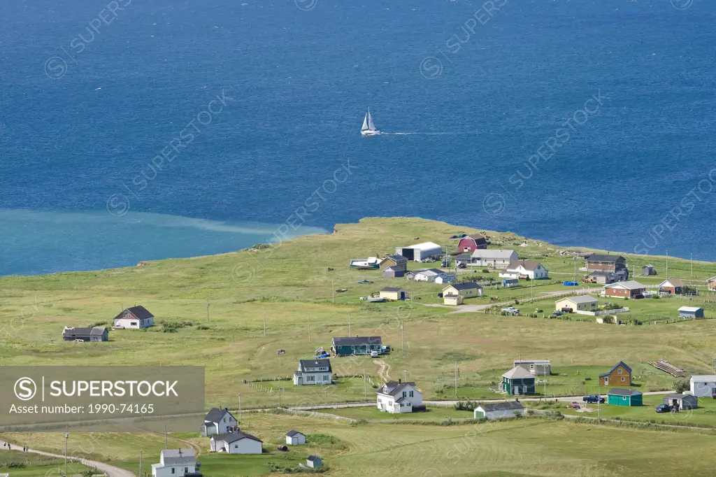 Looking down from Big Hill on the community on Entry Island, Île-dEntrée in French. The island is part of the Magdalen Islands archipelago in Quebec....