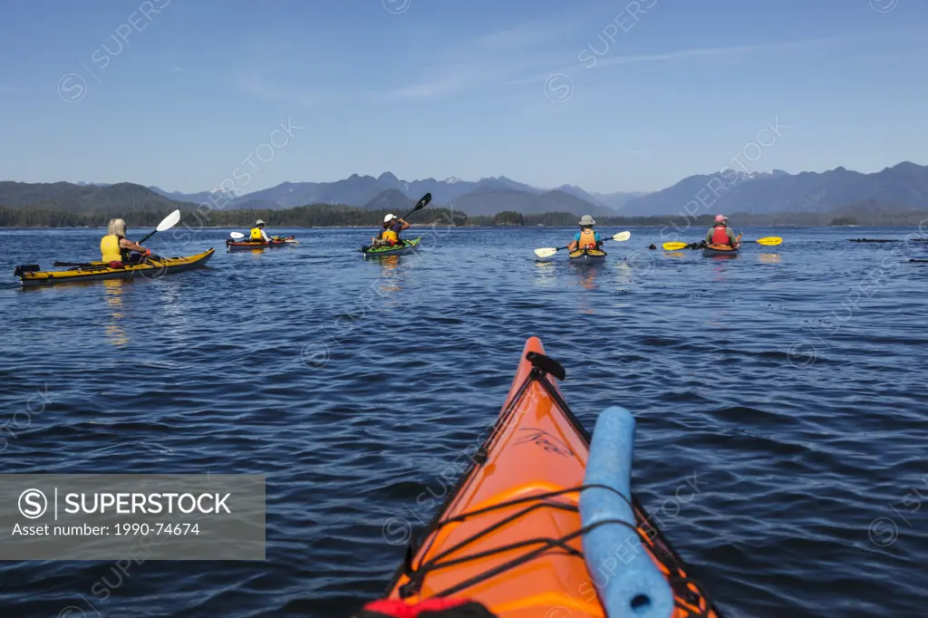 A group of kayakers paddle in the calm waters of Clayoquot Sound off the west coast of Vancouver Island British Columbia, Canada.Model Released