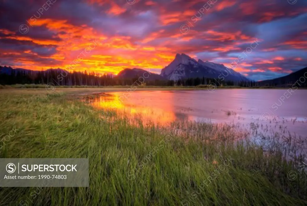 Colorful sunrise at Vermilion Lakes, Banff National Park.