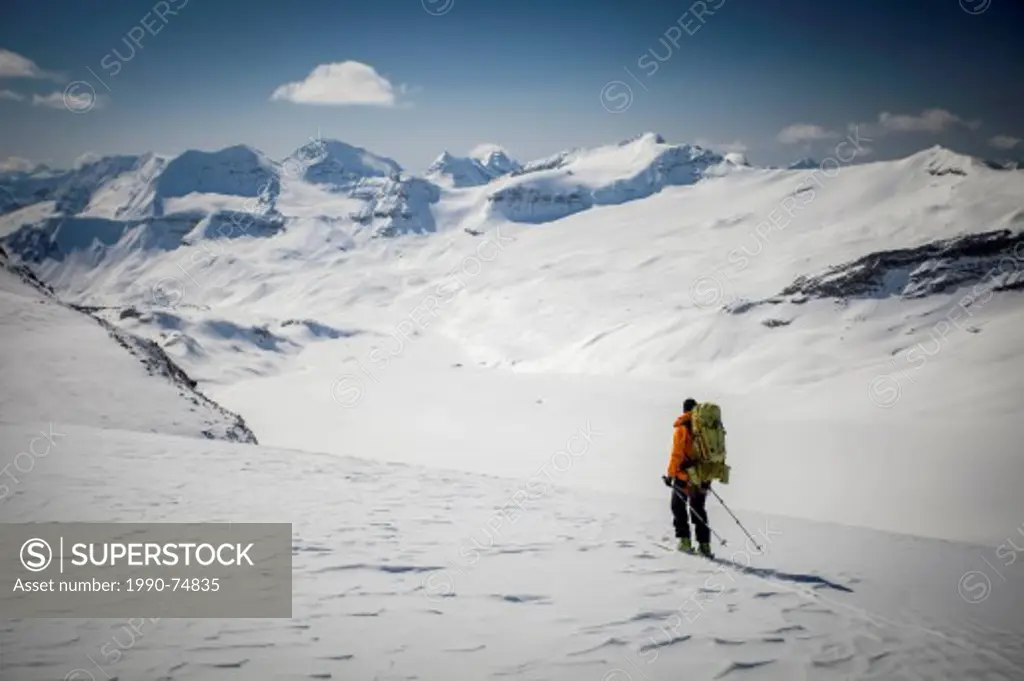 Man ski mountaineering on Mt Collie, Wapta Icefield, Yoho National Park.